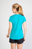 A turquoise women's athletic T-shirt with short sleeves, featuring a logo, displayed from the back view.