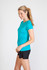 A teal athletic T-shirt featuring a fitted design, paired with black shorts, with a logo visible.