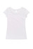 A white cotton/spandex women's T-shirt featuring a scoop neck and short sleeves, with a branding label.