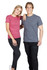 A red women's T-shirt and a grey men's T-shirt displayed on models, featuring casual styling and a logo.