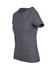 A grey women's t-shirt with short sleeves and a rounded neckline; it features a logo.