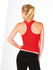 A red women's singlet with a racerback design, featured with a logo, worn with black leggings.