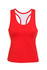 A red women’s singlet with a racerback design, featuring a logo on the front.
