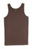 A brown men's cotton rib singlet featuring a round neck and no sleeves, with a logo on the label.