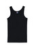 A black men's cotton rib singlet with a plain design and a tag label featuring a logo.