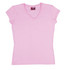 A pink women's V-neck T-shirt with short sleeves and a logo on the neckline.