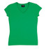 A green women's V-neck T-shirt with short sleeves and a branding label at the neckline.