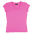 A pink women's V-neck T-shirt with short sleeves and a fitted design. It features a logo on the tag.