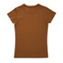 A brown women's T-shirt with a fitted design and short sleeves, featuring a logo on the back.
