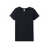 A black women's organic cotton T-shirt with a round neckline and short sleeves. It has a small logo on the label.