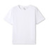 A white organic cotton T-shirt with a crew neck and short sleeves, featuring a logo on the label.