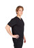 A black unisex V-neck T-shirt displayed on a model, featuring short sleeves and a fitted design.