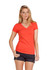 A woman wearing an orange marl V-neck T-shirt paired with black shorts and sandals, posing against a plain background.