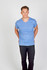 A blue men's marl V-neck T-shirt displayed on a model, paired with dark trousers. The shirt features a logo.