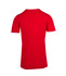 A red unisex raw cotton T-shirt with short sleeves and a plain back. Features a logo.