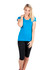 A woman poses wearing a blue raw cotton wave T-shirt and black leggings. The shirt has a simple design and a fitted cut.