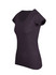 A black women's T-shirt made from raw cotton, featuring a scoop neckline and short sleeves. It has a logo.