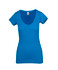 A blue women's raw cotton wave v neck t-shirt featuring a fitted design and short sleeves. It has a branding label.