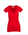 A red women's raw cotton wave V neck t-shirt with short sleeves and a fitted design. It features a logo on the label.
