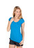 A women's scoop neck T-shirt in bright blue, featuring short sleeves and a fitted design. The model is wearing black shorts.