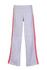 Grey track pants featuring red stripes down the sides. The pants have a relaxed fit and include a logo.