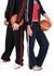 Mens striped track pants in black with red stripes, shown on a male model, paired with a matching jacket.