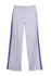A pair of grey men's track pants featuring blue stripes along the sides and an elastic waistband.