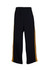Black track pants featuring yellow side stripes and an elasticised waistband. The pants have a logo on them.
