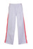 Light grey track pants with red stripes down the sides and an elastic waistband, featuring a logo.