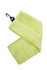 A green bamboo golf towel with a plastic hook for easy attachment. It has a soft, textured surface.