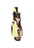 A bamboo golf towel in light green hangs from a brown golf bag with various clubs visible on top.