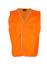An orange vest made of 100% polyester, featuring a simple design and a branding logo. No reflective tape present.