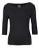 A black 3/4 sleeve boat neck tee with a fitted design and a logo on the label.