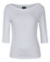 A white 3/4 sleeve boat neck tee with a logo tag displayed on the neckline.