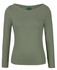 A green long-sleeve boat neck tee for women with a fitted style and a logo tag.