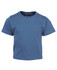 A blue infant t-shirt with short sleeves, featuring a logo inside the collar.