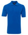 A blue polo shirt featuring a collar, short sleeves, and a pocket on the front, with a logo.
