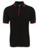 A black polo shirt with red contrast accents on the collar and sleeves, featuring a three-button placket and a logo.