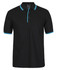A black polo shirt featuring contrasting turquoise collar and sleeve detailing, with a logo.