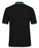 A black polo shirt featuring contrast blue stripes on the collar and sleeves, with a logo on the left chest.