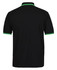 A black polo shirt with green contrast detailing on the collar and sleeves. Features a branding logo.