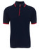 A navy polo shirt with contrasting red stripes on the collar and sleeve cuffs. It features a button-up front and a logo.