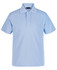 A light blue short-sleeve polo shirt with a collar and a button placket, featuring a logo on the chest.
