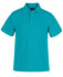 A turquoise polo shirt with a collared neckline and short sleeves. It features a button placket and a logo.