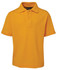 A bright yellow polo shirt with short sleeves and a classic collar, featuring a logo on the chest.