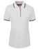 A white ladies' polo shirt with black contrast stripes on the collar and sleeves. It features a logo on the chest.