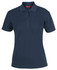 A navy blue ladies polo shirt with a collar and three buttons, featuring a logo on the chest.