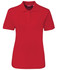 A red polo shirt with a collar and short sleeves, featuring a logo on the chest.