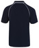 A navy blue polo shirt featuring a contrasting white piping detail and a logo on the back.