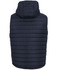 A dark navy hooded puffer vest featuring a quilted design and a hood at the back. It has a logo.